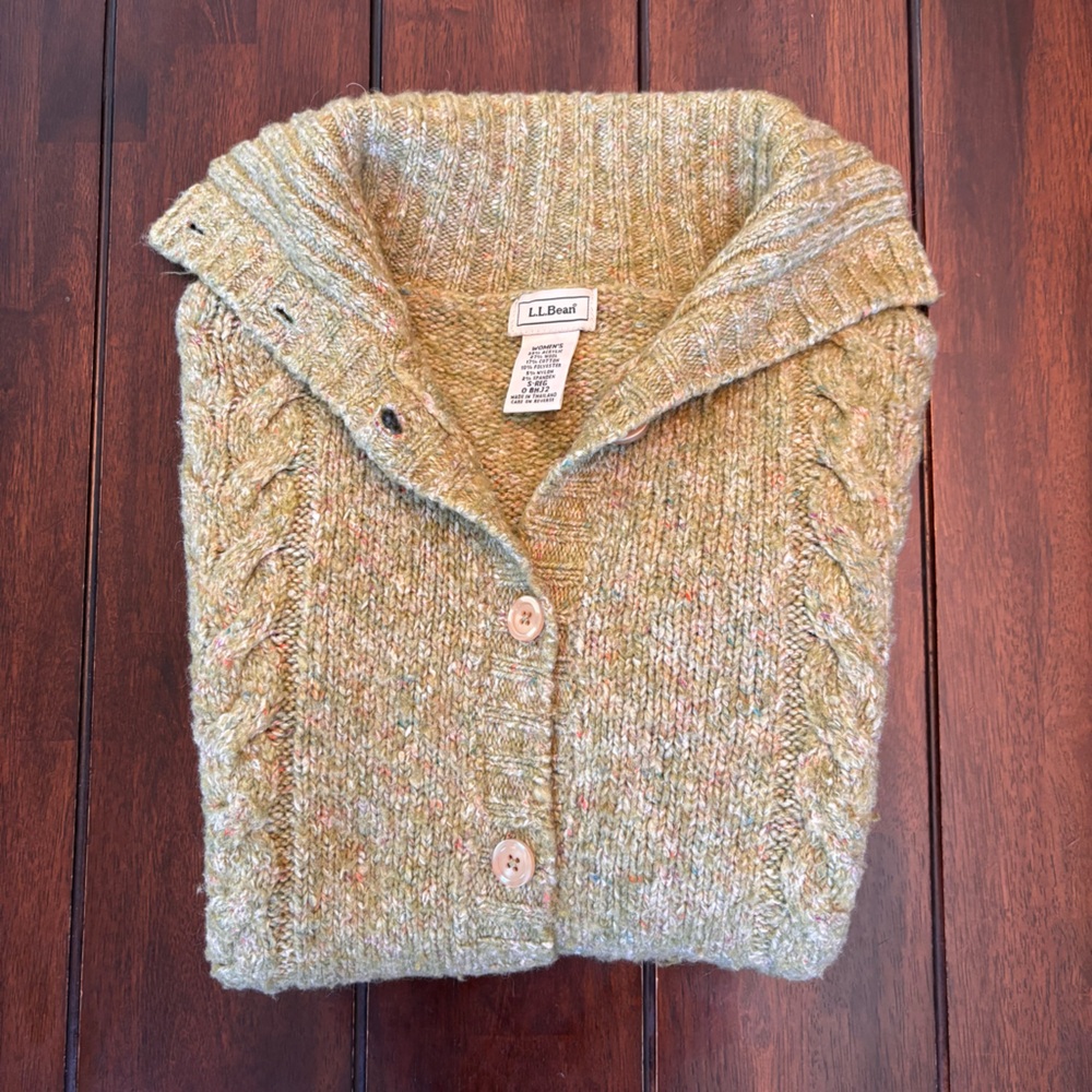 L.L. Bean Vintage Speckled Wool Blend Cable Knit Cardigan Sweater Size S